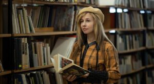 woman, library, reading, retro, vintage, education, journalist, shelves, books, photographer, camera, the reporter, past, nostalgia