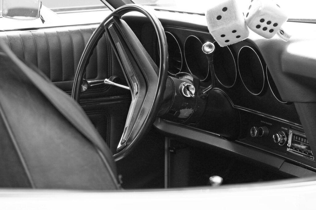 automobile, dashboard, speedometer, youngtimer, antique car, ford, steering wheel, black and white, us car, inner space, cockpit, vehicle